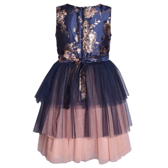 Bonnie Jean Girls Navy Pink Foiled Shantung Tiered Mesh Dress - Picture 3 of 4